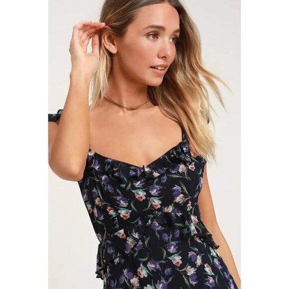 Lulus Viola‎ Floral Ruffle Midi Dress Navy Polyester Lined Womens Size S - Picture 2 of 15